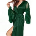 thumbnail image 1 of Yokua Bride Satin Robe for Women Feathers Trim Mesh Long Sleeve Nightgown Sleepwear, 1 of 19