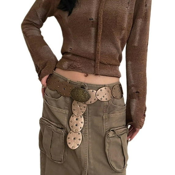 Yokua Brown Waist Belt Punk Grommet for Cowboy Cowgirl Vintage Engraved Buckle