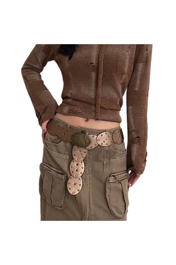 Brown Waist Belt Punk Grommet for Cowboy Cowgirl Vintage Engraved Buckle