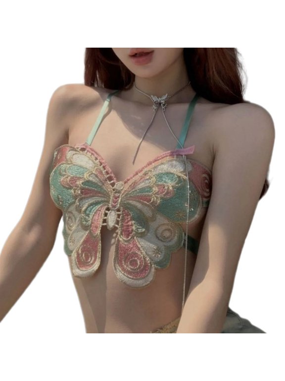 Butterfly Embroidery Halter Backless Camisole Tube Top Strappy Vest for Women