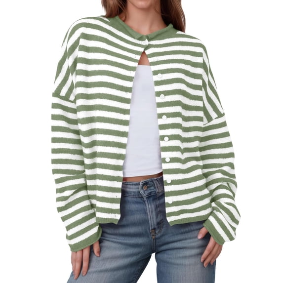 Yokua Cardigan Sweaters for Women Lightweight Knit Button Front Striped Cardigan Sweaters Trendy Oversized Sweater Coat