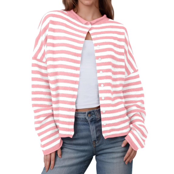 Yokua Cardigan Sweaters for Women Lightweight Knit Button Front Striped Cardigan Sweaters Trendy Oversized Sweater Coat