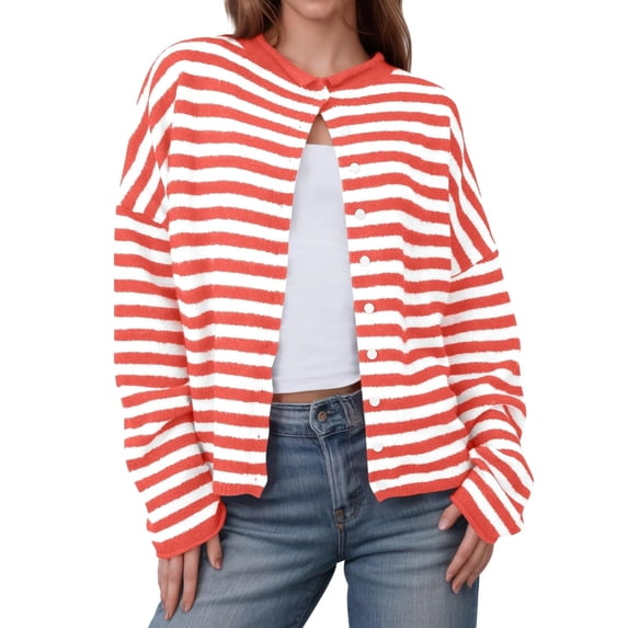 Yokua Cardigan Sweaters for Women Lightweight Knit Button Front Striped Cardigan Sweaters Trendy Oversized Sweater Coat