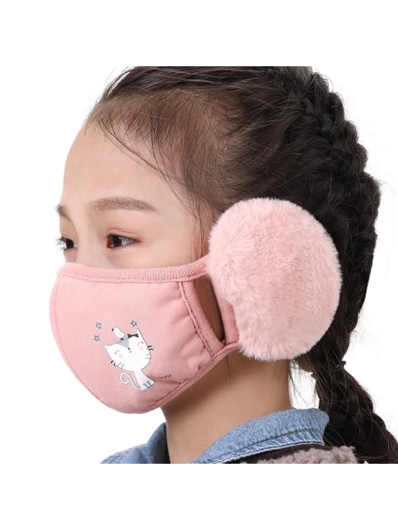 Children Kids Winter Windproof Cotton Mouth Mask with Plush Earmuffs Cartoon Animal Print Student Dustproof Washable Face Cover Ear Warmers 5-10 Years