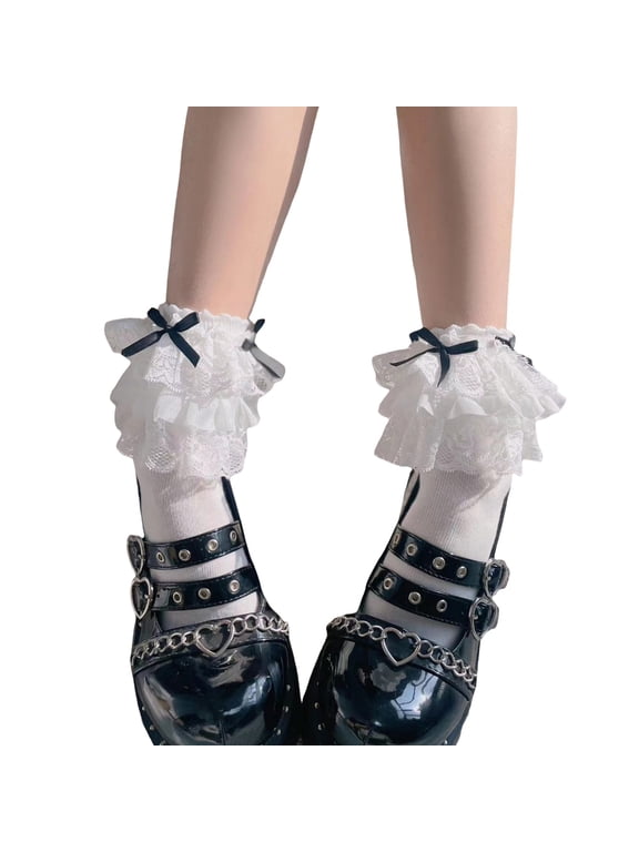 Cotton Ankle Socks for Women Layered Lace Ruffle Trim Frilly Bows Crew Socks