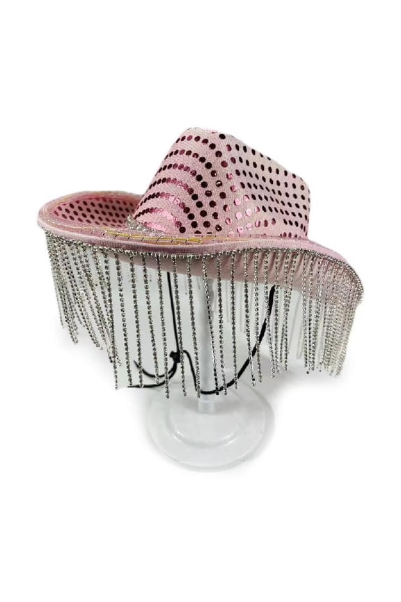 Cowboy Hat with Sequins Glowing Tassels Shining String lights for Party