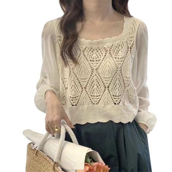 Yokua Crochet Square Neck Blouse Women Chiffon Puff Long Sleeve Hollow Knit Crop Top