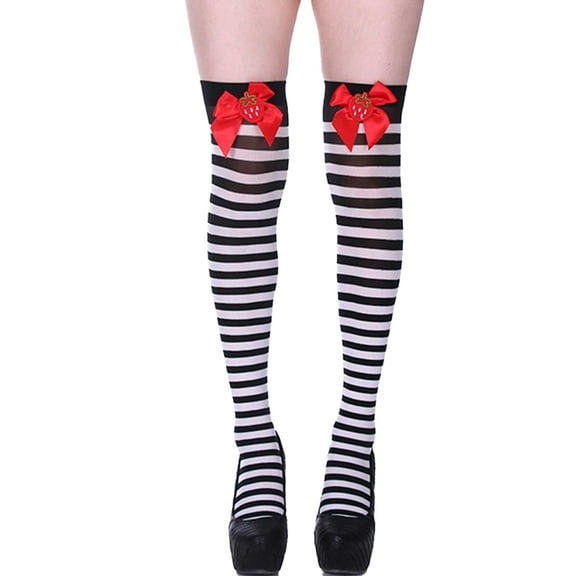Yokua Cute Strawberry Bows Thigh High Socks for Women Stretch Striped Long Stockings
