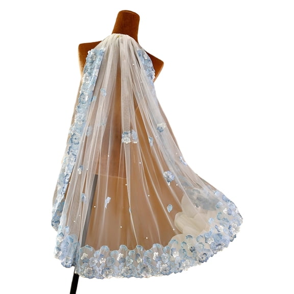 Yokua Delicate Wedding Veils With Embroidery Blue Flower Seethrough Sheer Bridal Veils