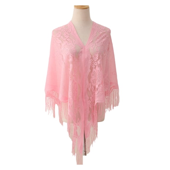 Yokua Elegant Lace Fringed Shawl Breathable Hollowout Designs Shoulder Wrap for Women