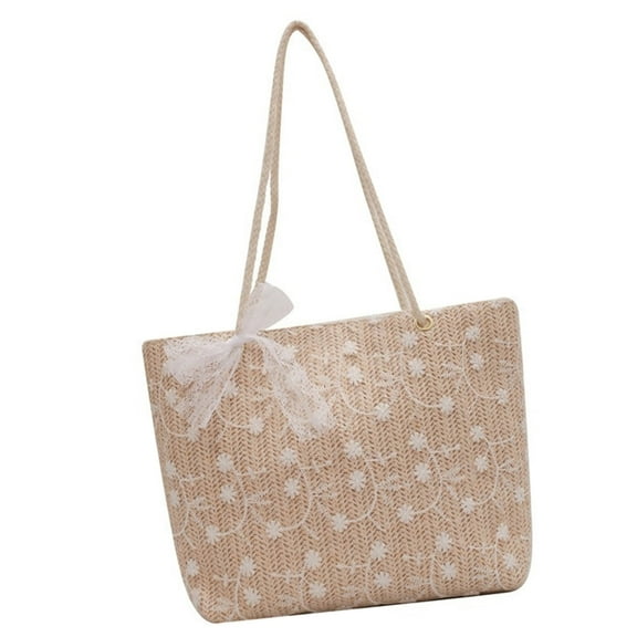 Yokua Elegant Straw Flower Embroidery Shoulder Bag Lace Embellished Spacious Handbag