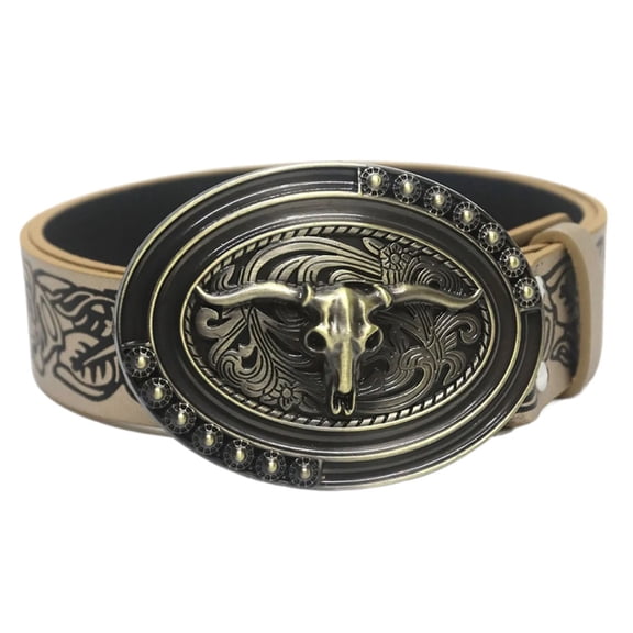 Yokua Ethnic Metal Buckle Embossed Belt Engraved Belt PU Leather Adult Cowboy Belt