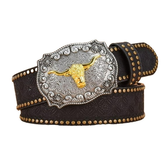 Yokua Eye-Catching Relief Bull Head Buckle Belt Embossed Pattern Waistband for Men