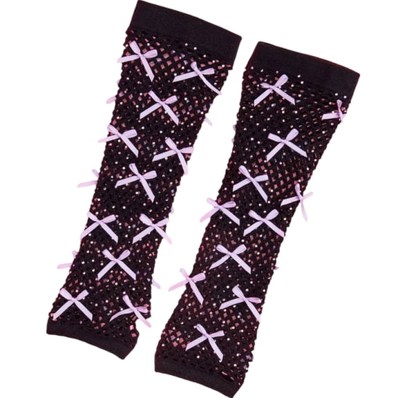 Yokua Fingerless Fishnet Gloves With Rhinestones and Bowknot Decors for Night Event