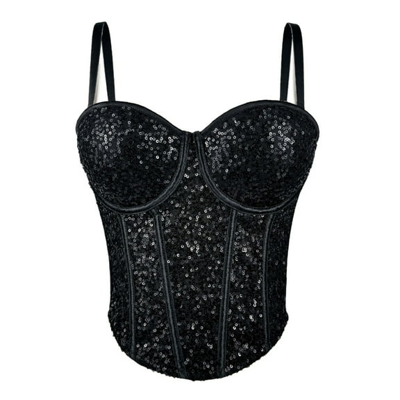 Yokua Glitter Sequins Bustier Vest Women Fishbone Mesh Tanks Top Shapewear Camisole