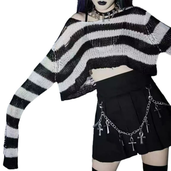 Yokua Gothic Knitted Top Crew Neckline Striped Hollow Out Loose Cropped Pullover