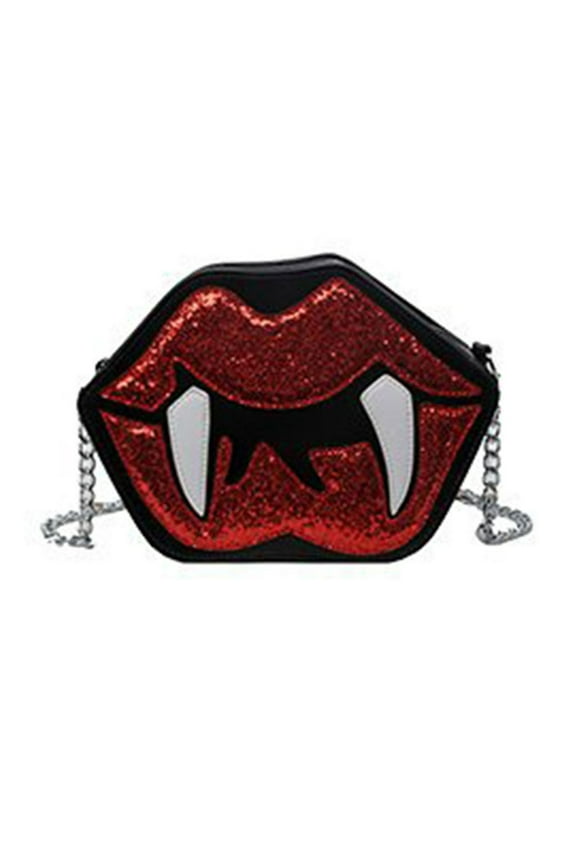 Gothic Lip Shape Shoulder Bag with Chain Sequined PU Leather Crossbody Purse