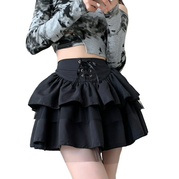 Yokua Gothic Punk Women Pleated Ruffle Mesh Stitching High Waist Lace-Up Mini Skirt