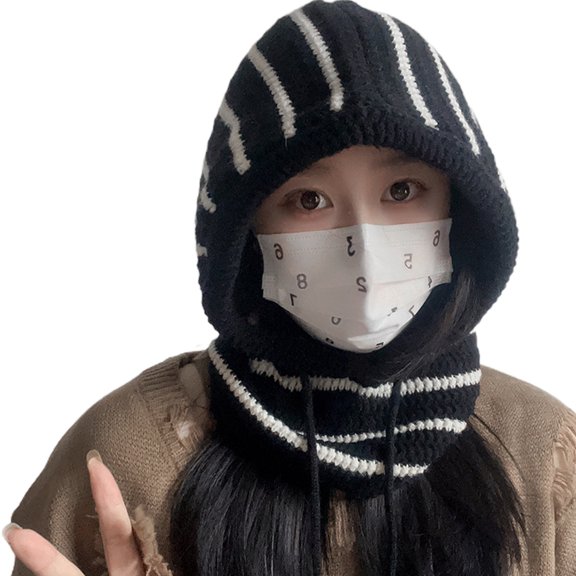 Yokua Handmade Crochet Scarf Hat Autumn Winter Pullover Balaclava Stripe Beanie Cap