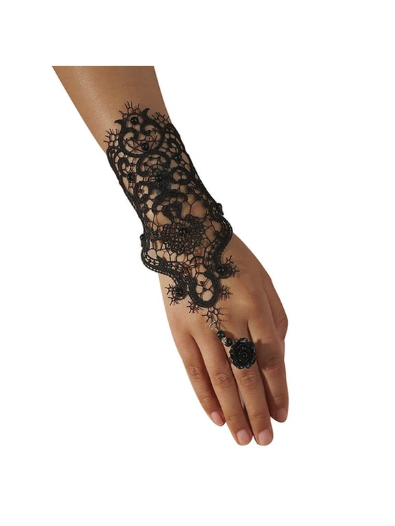 Handmade Gothic Style Retro Lace Bracelet with Ring Wedding Wristband Decor