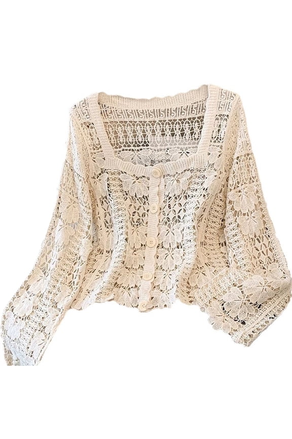 Hollowed Knit Lace Cover Up Jackets Crochet Floral Sweater Cardigan for Womens
