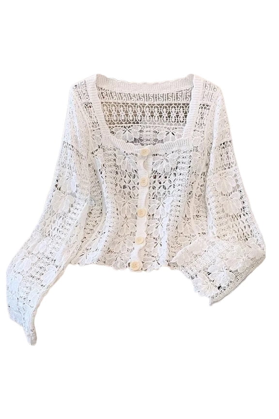 Hollowed Knit Lace Cover Up Jackets Crochet Floral Sweater Cardigan for Womens