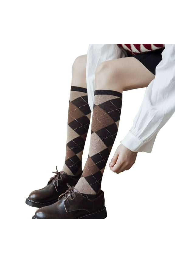 Japanese Preppy Style Women Knee High Socks College Vintage Multicolor Argyle Diamond Plaid Print Uniform Cotton Mid Tube Calf Stockings