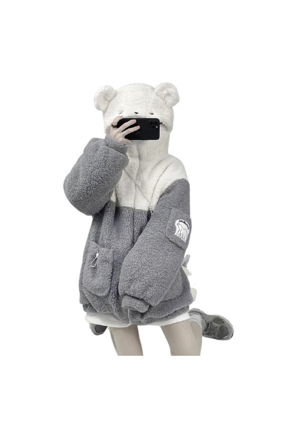 Japanese Style Women Faux Fur Hoodies for Jacket Harajuku Cute Bear Ears Zip Up Long Sleeve Sweatshirt Fluffy Colorblock Oversized Outwear Coat with Pockets