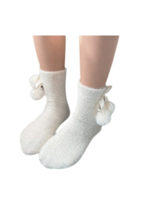 Japanese Style Women Girls Furry Short Crew Socks Sweet Satin Ribbon Hair Ball Bow Solid Winter Fuzzy Plush Lolita Kawaii Christmas Hosiery