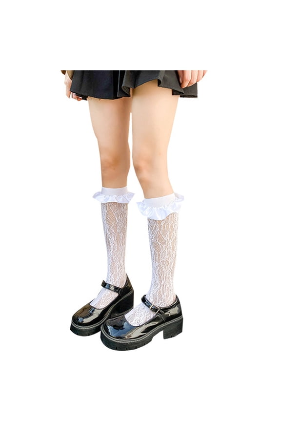 Japanese Women Lolita Full Lace Knee High Socks Sweet Girls Satin Ruffled Trim Patchwork Sheer Mesh Long Tube Stockings