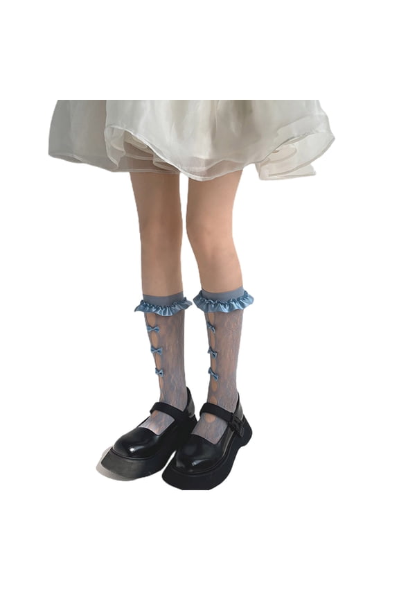 Korean Style Women Floral Lace Calf Socks Sweet Girls Lolita Satin Ruffled Trim Hollow Out Holes Bowknot Decor Summer Thin Mesh Princess Mid Tube Stockings