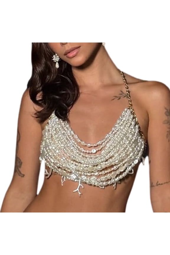 Layered Pearls Body Jewelry Accessory for Women Chest Chain Necklace Crop Top