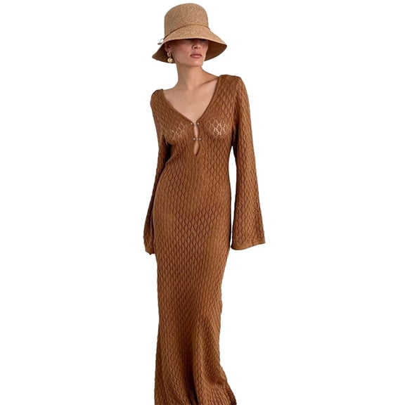 Yokua Long Sleeve Beach Dress Women Crochet Beach Swimwear Cover up Dress