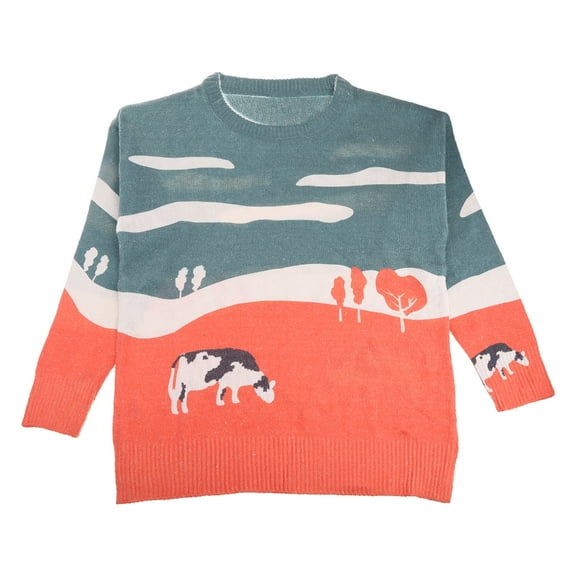 Yokua Men Harajuku Long Sleeve Sweater Cow Prairie Print Oversized Knit Jumper Tops