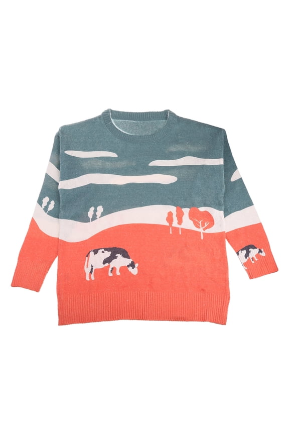 Men Harajuku Long Sleeve Sweater Cow Prairie Print Oversized Knit Jumper Tops