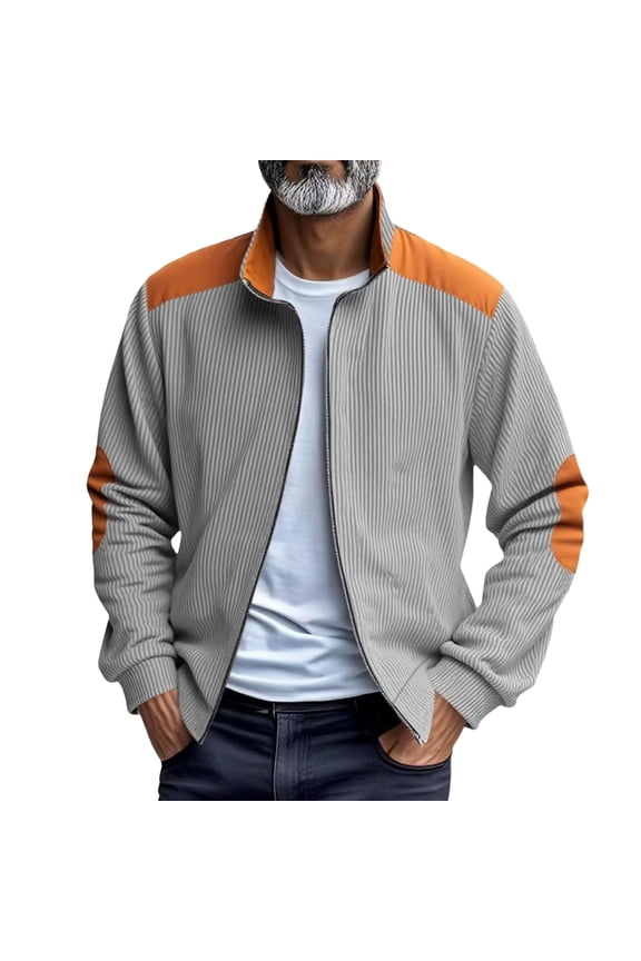 Men's Corduroy Jacket, Full Zip Patchwork Mock Neck Jackets Fall Winter Loose Mens Sport Coats With Elbow Patches