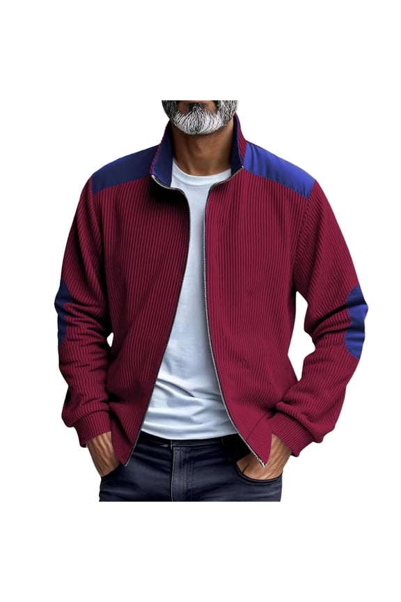 Men's Corduroy Jacket, Full Zip Patchwork Mock Neck Jackets Fall Winter Loose Mens Sport Coats With Elbow Patches