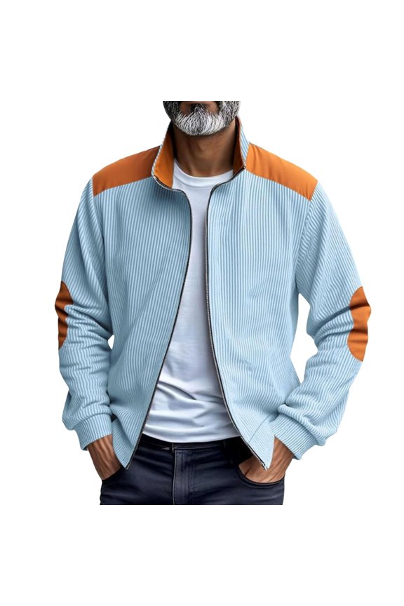 Men's Corduroy Jacket, Full Zip Patchwork Mock Neck Jackets Fall Winter Loose Mens Sport Coats With Elbow Patches
