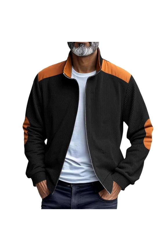 Men's Corduroy Jacket, Full Zip Patchwork Mock Neck Jackets Fall Winter Loose Mens Sport Coats With Elbow Patches