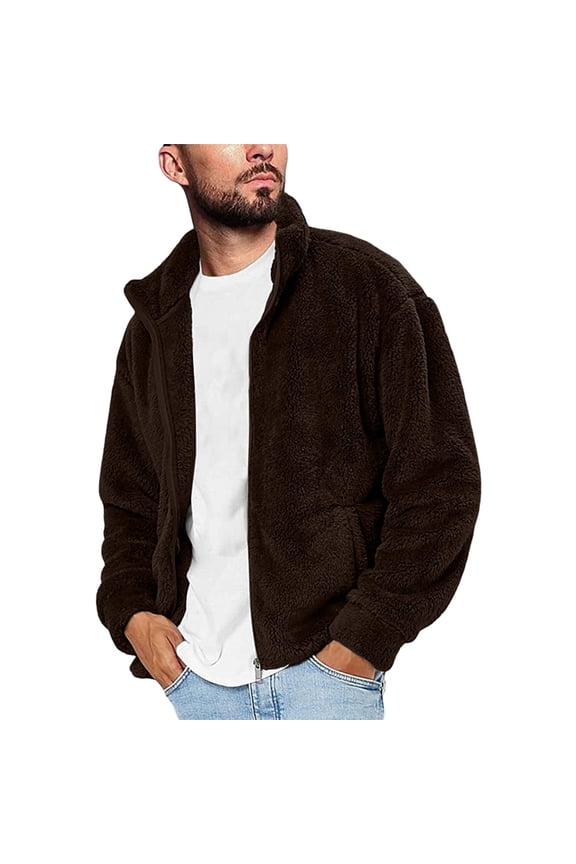 Men's Plush Cardigan Wool Long Sleeve Full Zip Front Opening Warm Coat Autumn Winter Coat