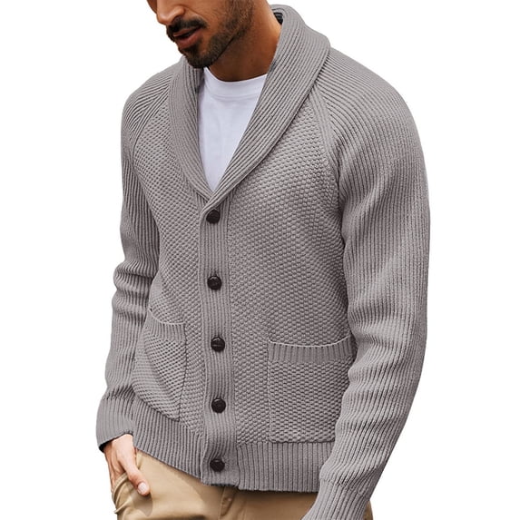 Yokua Men's Shawl Collar Cardigan Knitted Textured Sweater Button-Up Cardigan