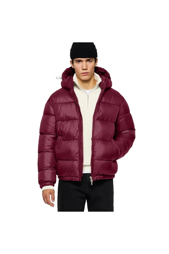 Men's smooth down jacket, loose fit, adjustable hood, shiny material, inner pocket coat