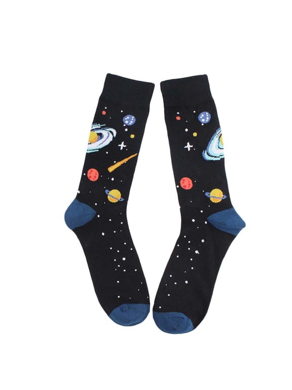 Mens Novelty Funny Cotton Crew Socks Crazy Solar System Rocket Astronaut Planet Print Harajuku Contrast Color Mid Tube Stockings