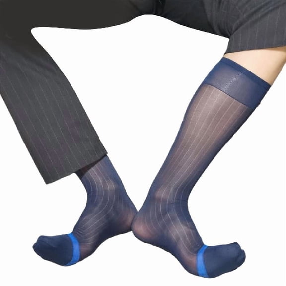Yokua Mens Thin Silk Formal Dress Suit Sock Summer Striped Sheer Tube Long Socks