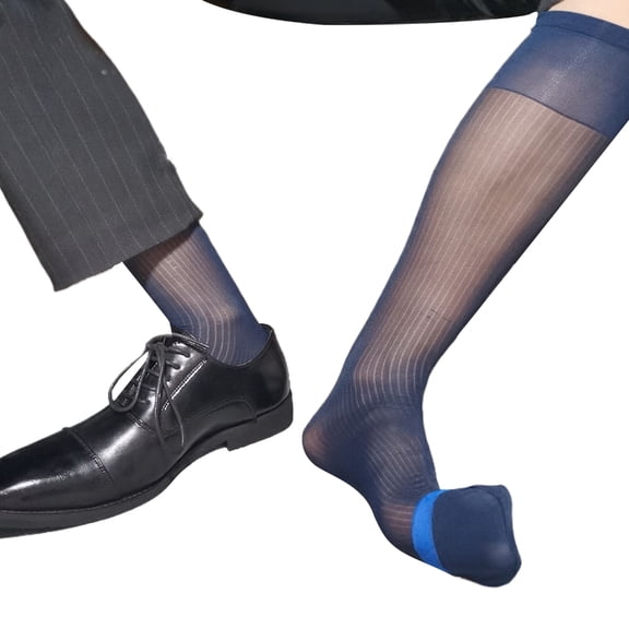 Yokua Mens Thin Silk Formal Dress Suit Sock Summer Striped Sheer Tube Long Socks