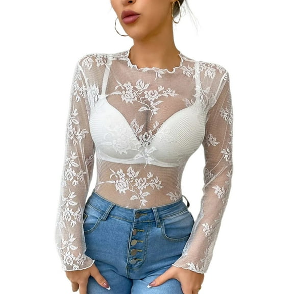 Yokua Mesh Top for Women Long Sleeve Mock Neck Sheer Blouse Floral Lace Slim T-Shirt