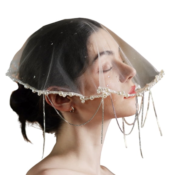 Yokua Modern Short Wedding Veil Fringe Pearls Accents Bride Essential Accessory