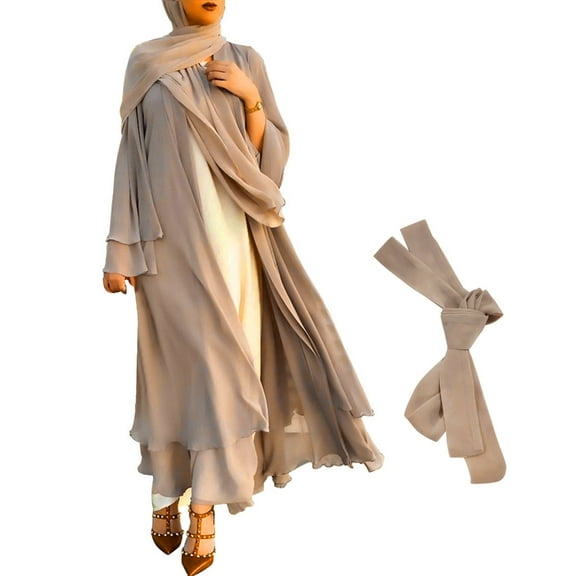 Yokua Muslim Long Sleeve Flowy Maxi Cardigan Islamic Open Front Kimono Abaya Robe Turkey Kaftan Solid Color Belted Loose Dress