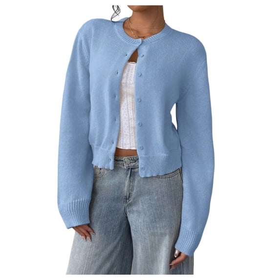 Yokua (One piece) Women's button-down long-sleeved round neck cropped cardigan sweater cute knitted clothing
