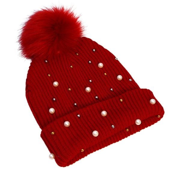 Yokua Pearl Pompom Knitted Hat Woolen Hat Beanie Hat Thicken Gift for Xmas Halloween